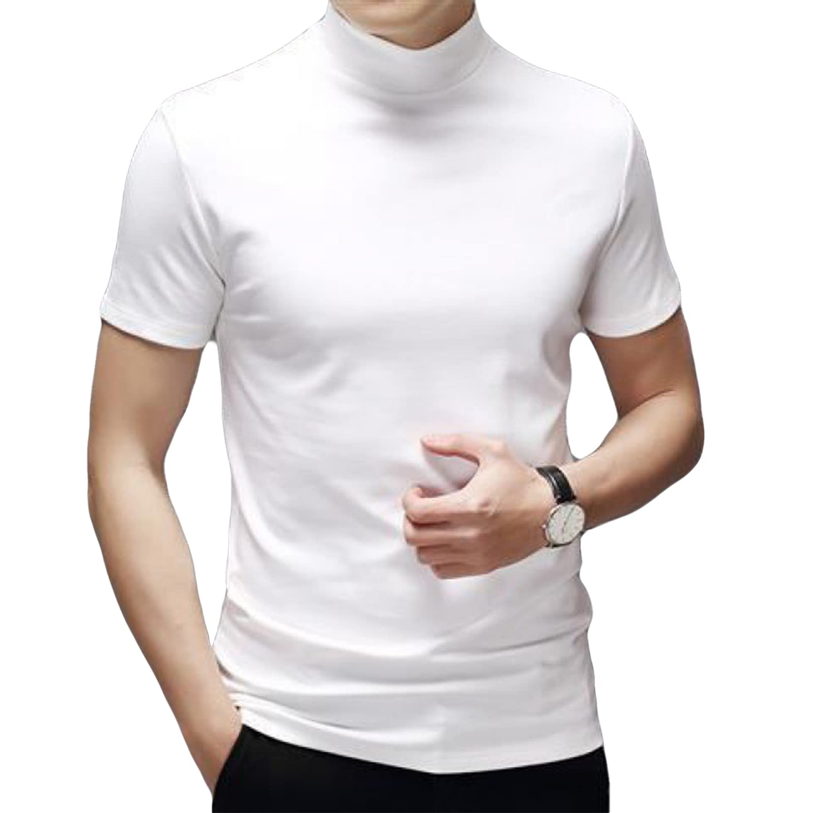 Mens T Shirt Short Sleeve Basic Mock Turtleneck Slim Fit Undershirt Pullover Thermal Solid Tops