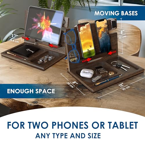 Image of BarvA Two Phone Docking Station | Night Stand Desk Organizer | Wood Nightstand Organizer | Tablet Smart Watch Earbuds Charging Station | Upgraded Dresser Phone Stand | Bed Room Decor Gifts for Men