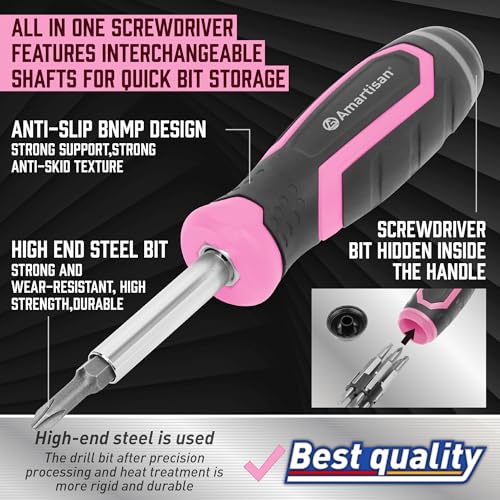 Image of Amartisan 18-in-1 Multi-bit Screwdriver Set | Portable Multi-Purpose Screwdriver, Slotted /Philips /Pozi /Torx /Square,Nut Driver (Pink)