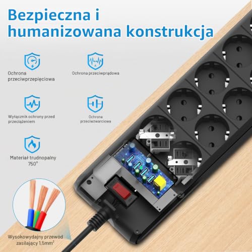 Listwa zasilająca USB, z 10 gniazdami, z przełącznikiem, ochrona przed przepięciem, 4000 W, 16 A, montaż ścienny, listwa zasilająca do domu, szkoły, kabel 2 m, czarna