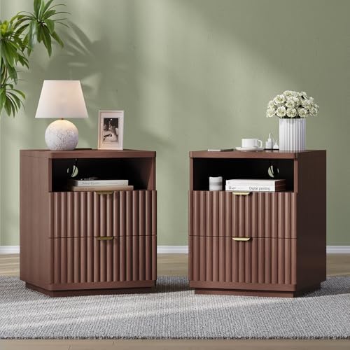 Night Stand Set 2, Nightstand with Charging Station Bedside Table, Morden Fluted Bed Side End Table with 2 Drawers, Wood Small Nightstand for Bedroom Living Room (2, Walmut)