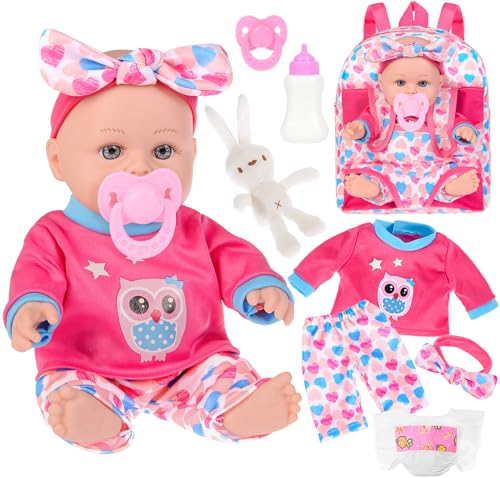 30cm/ 12 inch Baby Doll With Gift Box Package Include Backpack Carrier, Clothes, Feeding Bottle, Pacifier, Diaper and a Toy Rabbit Accessories, First Baby Dolls for Girls 3 Years and Up