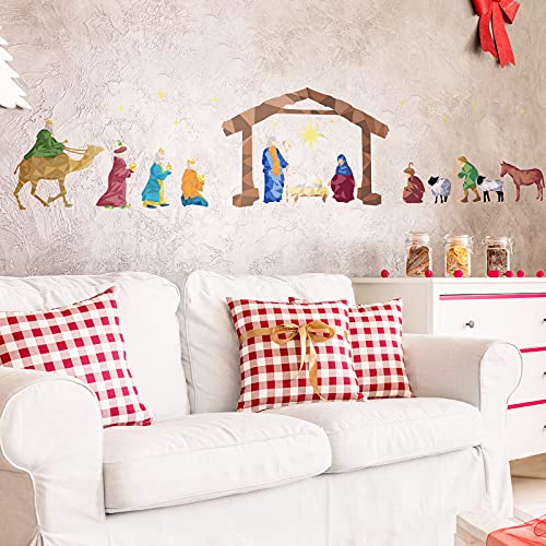 Christmas Nativity Scene Wall Decal Colorful Religious Nativity Wall Stickers Christian Decor This Is Us Vinyl Removable Sticker Wall Art Nativity Mural Decoration For Xmas Holiday Bedroom Living Room #TOP6