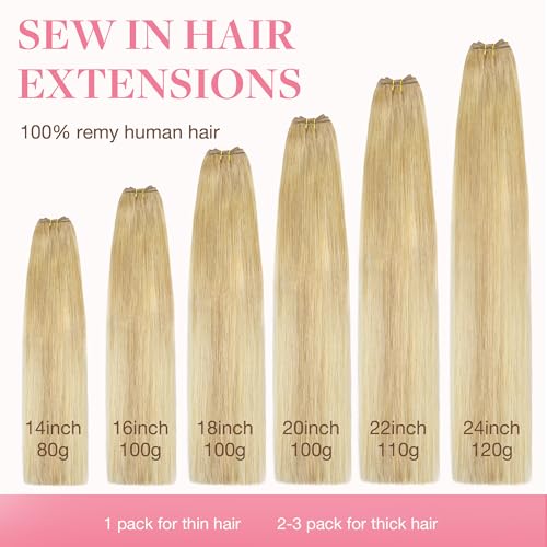 Image of GOO GOO Sew in Hair Extensions Real Human Hair, Weft Hair Extensions Human Hair, 18A /60 Blonde Balayage 22inch 110g, Weft Bundles Straight Silky Remy Hair
