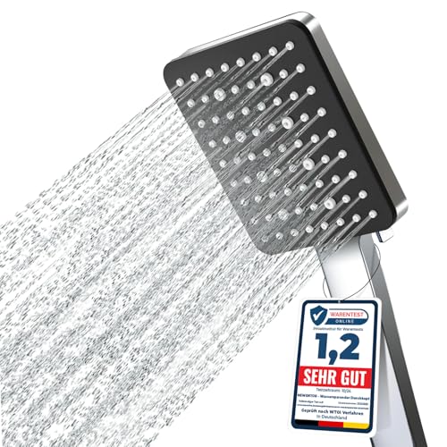 Newentor Duschkopf Regendusche [TESTSIEGER], Eckig Duschbrause Hochdruck Duschkopf Wassersparend, Handbrause mit 6 Strahlarten (ohne Schlauch),Matteschwarz
