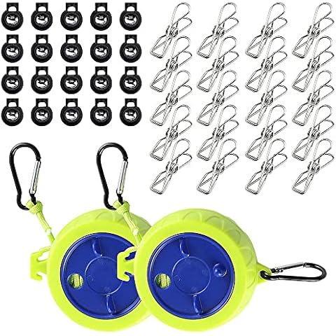 CLIUNT 2pcs Retractable Washing Line, 10M Adjustable Camping Washing Line, Portable Travel Clothesline Cord with 20 Clothespins & 20 Stoppers for Outdoor, Camping, Travel, Courtyard, Hotel, 65.6FT Cover