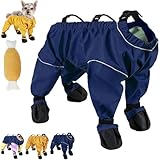 Dog Snowsuit with Attached Boots, Waterproof Dogs Boots Anti Slip with Reflective Straps, Dog Booties with Suspenders for Snow and Rain Days Small to Medium Dogs (Blue,M)