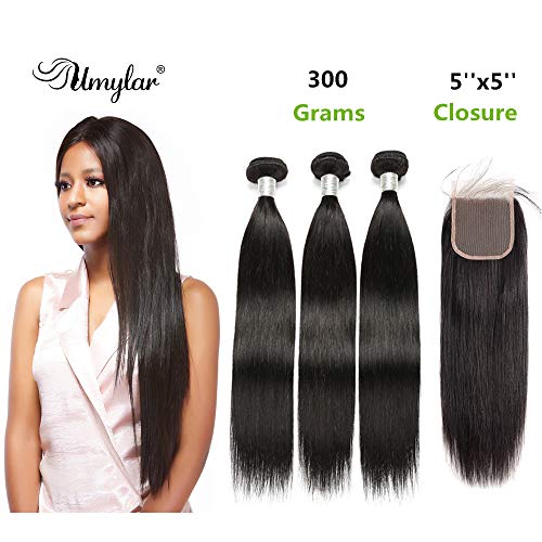 Umylar 5x5 Lace Closure with Bundles Grade 10A Malaysian Straight Hair with Closure with Baby Hair 3 Bundles with Closure Not 4x4 Closure Virgin Human Hair (14 16 18 + 12'' closure)