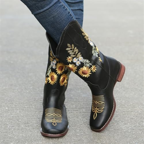 HINDOLA Cowboy Boots for Women Mid Calf Cowgirl Western Boots Sunflower Embroidery Stitched Square Toe Low Heel Ankle Boots3
