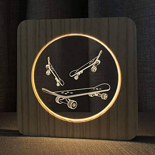 Veilleuse planche à roulettes 3D bois LED contre la peur du noir