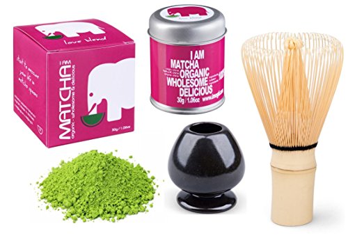Bio Matcha Power Set - Love Blend - Gold Prämiert 2014 - (30g original Bio Matcha + original Matcha Bambusbesen + Porzellan Besenhalter schwarz oder jadegrün + handgefertigter Matcha Löffel)
