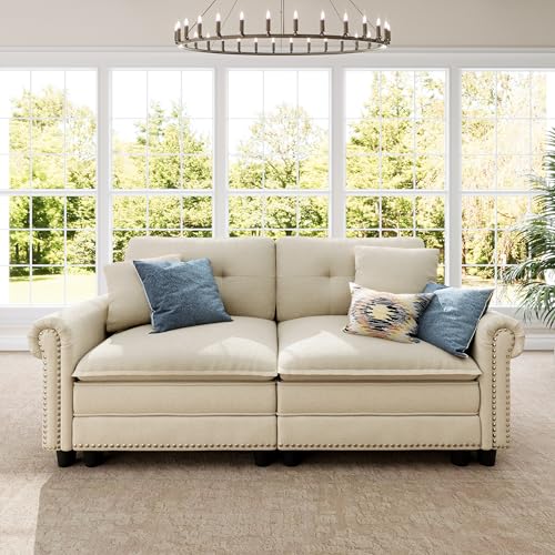 Image of SUNSHINE VALLEY 73.2 inch Modular Cloud Loveseat with Extra Wide & Deep Seats, Oversized 2-Seater Mid-Century Modern Couch with Nailhead Trim and Throw Pillows for Living Room, Chenille Beige