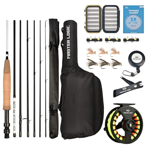 MASTER LOGIC Fly Fishing Rod and Reel Combo Starter Kit, Graphite Fly Rod with Cork Handle, Die Cast Aluminum Reel, Fly Box Case & Fishing Flies and Carrying Case Accessories (5wt-9'0'-7pc-Upgrade)