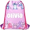 Disney Stitch Personalised Drawstring Bag for Kids PE Bag - Kids School or Swimming Bag For Girls - Personalised Merchandise For Girls (Pink)