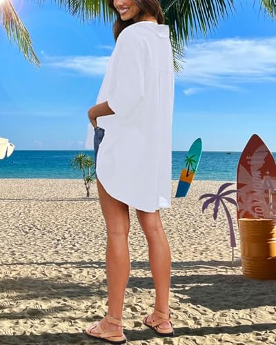 Fashionme Oversized Button Down Shirts for Women 3/4 Sleeve Flowy Ladies Tops Blouses High Low with Slits4