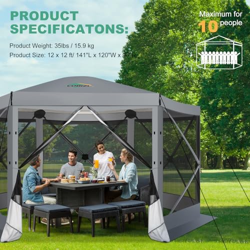 Image of COBIZI 12x12 FT Pop Up Canopy Extendable Tent, Gazebos On Clearance With Removable Roof, Screened In Gazebo,Screen Tents Portable carpas para patio for Outdoor Camping,Backyard, Garden, Grey(Upgraded)
