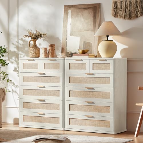 Image of LEYAOYAO White Dresser for Bedroom, 41 inch Tall Chest of Drawers, Modern 6 Drawers Boho Rattan Dressers with Storage, Dresser Wooden Closet Organizer for Living Room, Hallway