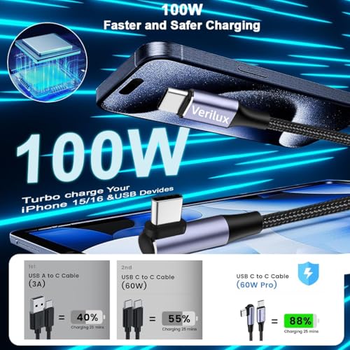 Image of Verilux 9.8FT Right Angle C Type Charger Cable, PD 100W Type C Cable Fast Charging, 480Mbps Data Cable C Type Fast Charging, Nylon Braided USB C Cable for iPhone 17 /16 /15, Galaxy 25 /24