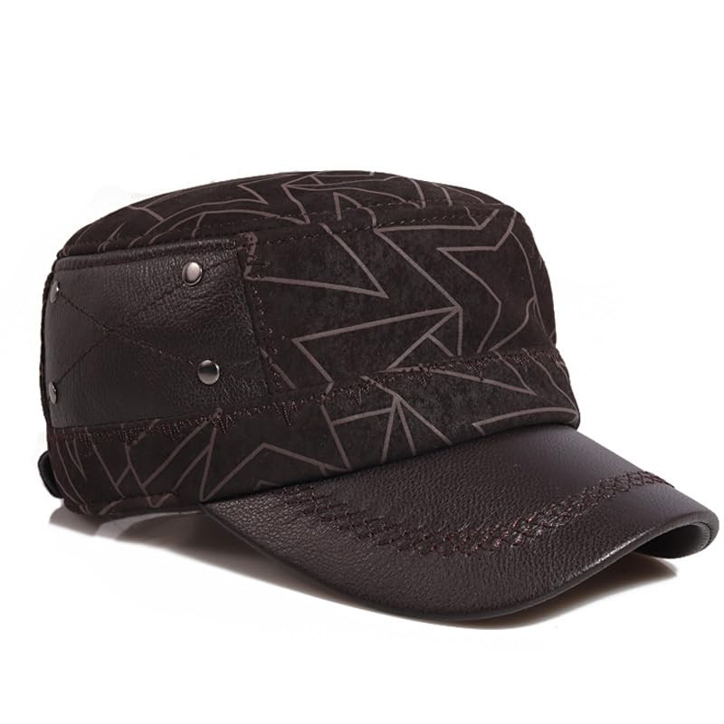 Berretti Piatti in Pelle Cappello Militare Militare Caldo Regolabile Uomo Gioventù Lingua D'Anatra Cappelli for papà Stampa Geometrica(Schwarz,XL 57 58cm)