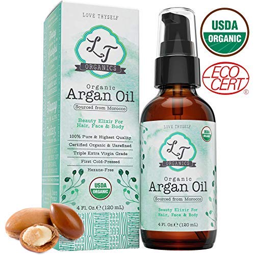 LT Organics 100% Pure Moroccan Argan Oil 4oz. Cold-Pressed & Triple Extra-Virgin Grade A to Promote BEST Growth for Dry & Damaged Hair. Natural Treatment for Anti-Aging Skin, Nails, Foot & Beard Care