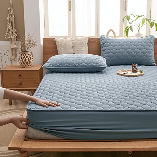 Protector de colchón acolchado impermeable con bolsillos profundos para dormitorio infantil, funda de edredón antideslizante, color azul, 90 x 200 cm + 30 cm