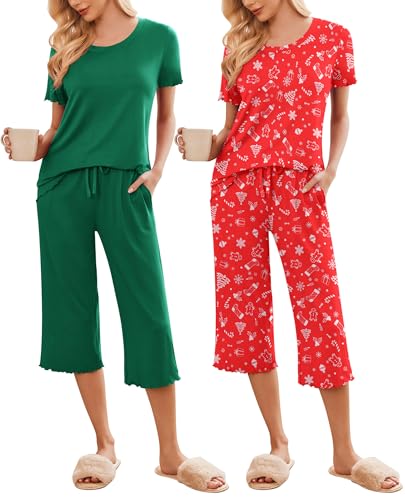 Image of Ekouaer 2 Pack: Women's Pajamas Set Short Sleeve Sleepwear Capri Pants Pjs Soft Loungewear with Pockets