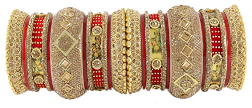 Image of NMII Traditional Gold Plated Acrylic Bangles Bridal Chuda Set For Women & Girls with Zircon Diamond & Pearls Beads Work | Royal Wedding Chudas | Premium Look | Bangles For Wedding, Festive, Function
