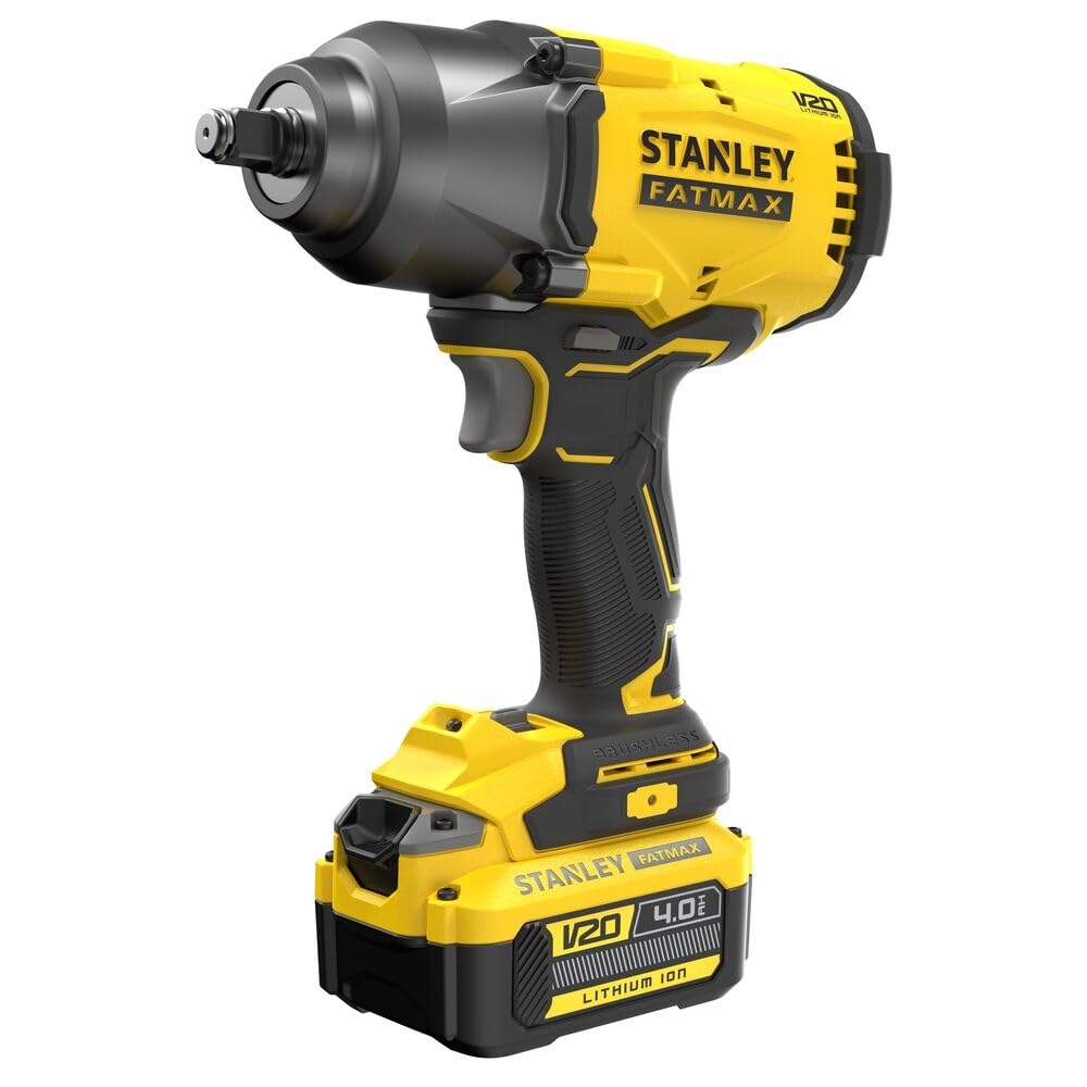 Stanley - Llave de Impacto BRUSHLESS V20 Li-ION 18V 1/2" 949Nm, velocidad 0-400/1.200/2.000 RPM, impactos 0-2.600 ipm. Incluye 1 batería Li-ION 4Ah, cargador 2A y maletín para profesionales y manitas