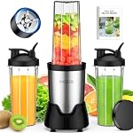 KOIOS Blender pour Smoothies, Blender personnel pour Shakes et Smokers avec 3 * 22oz Des coupes à emporter,22000 RPM Smoothie Maker, amovible 6-leaf Blenders Portables Blade pour cuisine, Noir