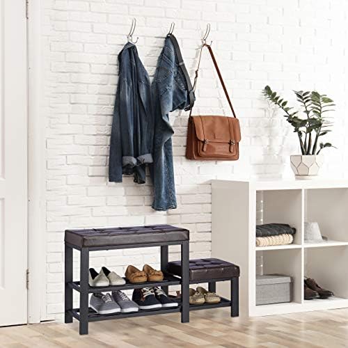 Relaxdays Shoe Bench with Footstool, Comfortable Seat Padding, 2 Tiers, Shoe Rack for Kids, HWD: 50 x 90 x 20 cm, Brown