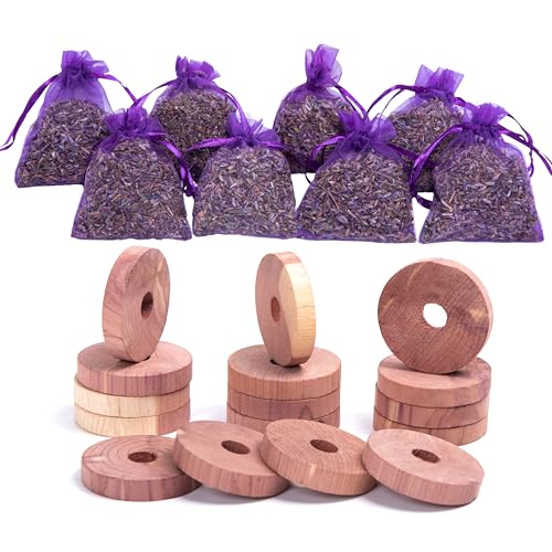 Lavande Sur Terre Pack of 16 Cedar Blocks and 8 Lavender Flower Sachets Craft Bag, Drawer Freshener, Linen, Shower Favor, Wedding and More, LV-E-LC-1