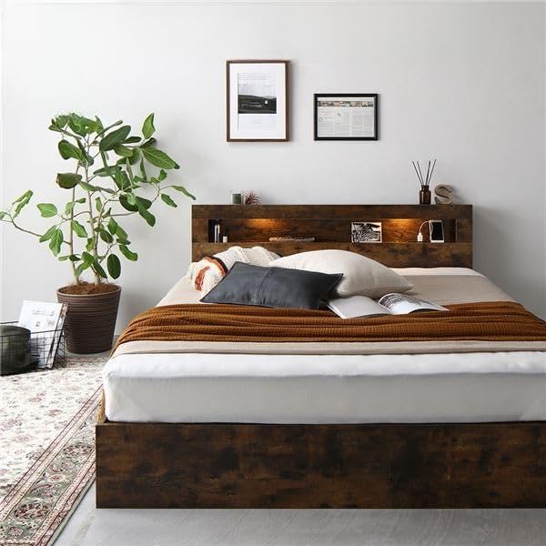 ベッド ダブル ボンネルコイルマットレス付き ヴィンテージブラウン 低