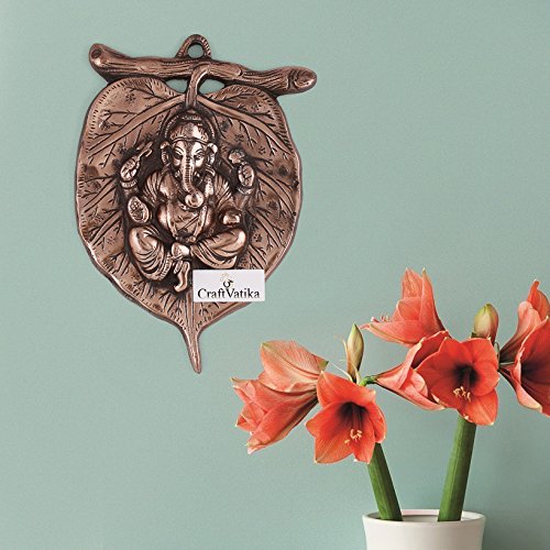 Image of Collectible India Ganesha Leaf Metal Wall Hanging Sculpture | Ganesh Idol Home Decor Ganpati on Leaf Lucky Feng Shui Wall Art