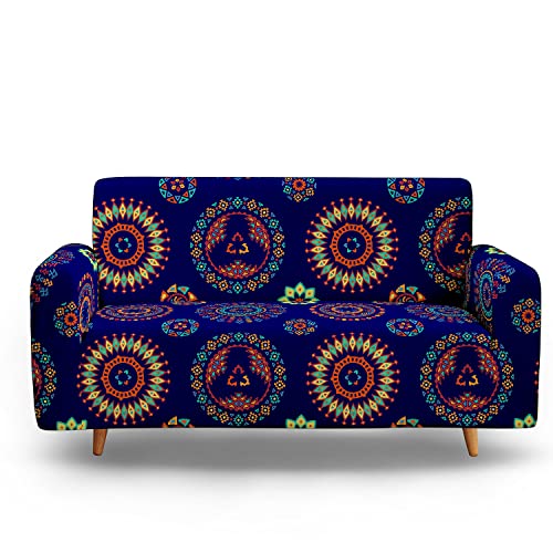 Xynhml Bohemian Couch Slipcover Mandala Couch Cover For 2 Cushion Floral Pattern Printed Sofa Cover Elastic Couch Armchair Slipcovers Loveseat Cover Chair Cover For Living Room Home Decoration Blue #TOP12