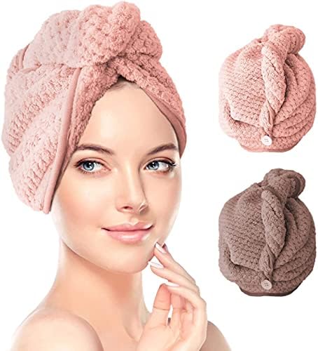 RenFox Microfibre Hair Towel Hair wrap Hair towel wraps Hair Turban Hair Drying Towel Hair Caps Absorbent Twist Turban Quick Drying Towel for Curly Hair Thick Hair, 2 PACK(Pink and Brown)