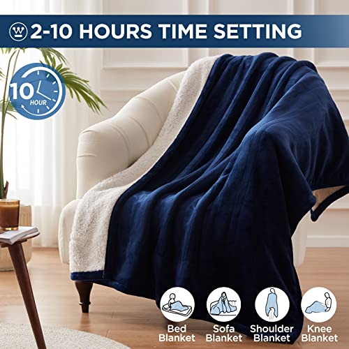 Westinghouse Heated Throw Blanket, Electric Blanket Throw with 6 Heating Levels and 2-10 Hours Time Settings, Flannel to Sherpa Super Cozy Heated Blanket Machine Washable, 50x60 inch, Navy