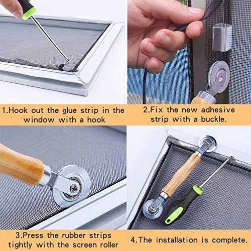 King&Charles Screen Repair Kit, 4 In 1 Screen Tools - Screen Roller With Bearing & Removal Hook & Screen Clips(8 Pcs) & Screen Spline(32 Ft) And User Manual, For Install/Replace Door Window Screens #TOP5