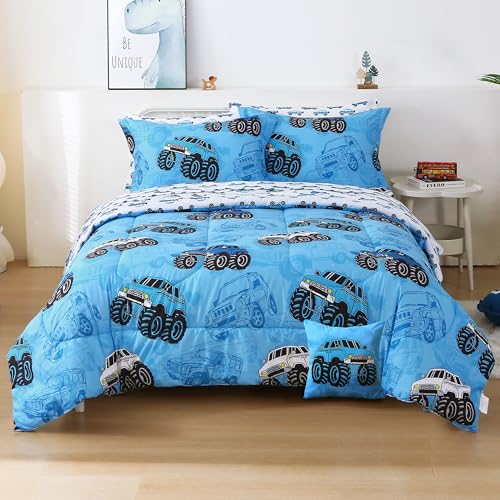 Mooreeke Kids Twin Comforter Sets for Boys 6 Pieces Truck Blue Bedding Set for Teens Soft Microfiber Kids Bed in A Bag with Comforter, Sheet Set, Shams and Decorative Toy Pillow All Season