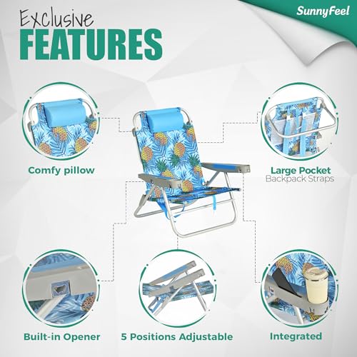 Image of SUNNYFEEL Extra Wide 28 inch Low Beach Chair 5 Position Lay Flat, XL Oversized Portable Folding Camping Chairs with Cup Holder for Outdoor /Trip, Lightweight Foldable Backpack Beach Chair for Adults