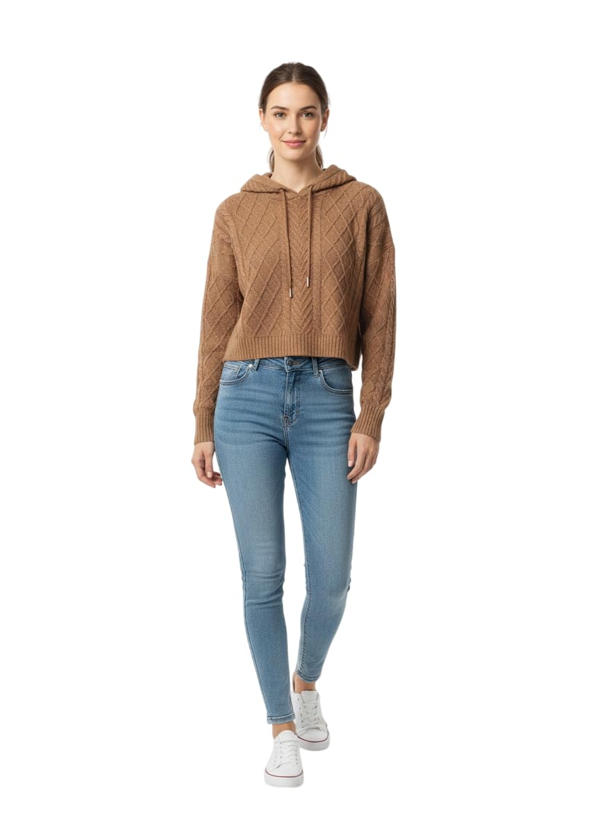 Cable Knit Cropped Hoodie Sweater, Brown, Diamond Pattern, Long Sleeves-picture-21