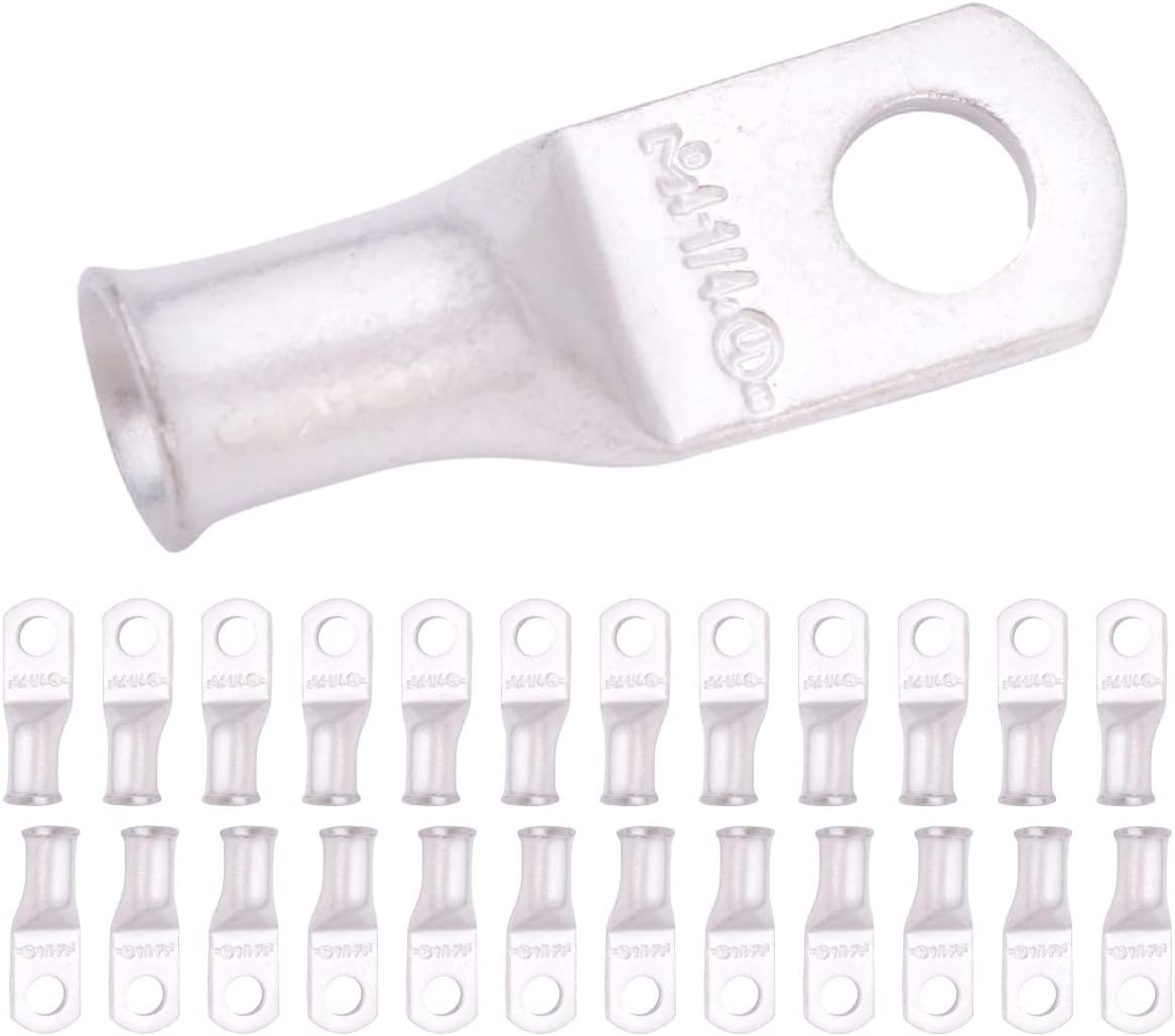 SELTERM 25pcs 4 AWG 1/4" Stud Marine Grade Tinned Copper Battery Cable Lugs, 4 Guage Ring Terminals, UL Wire Lugs Electrical Battery Cable Ends, Tinned Copper Lugs Battery Terminal Connectors