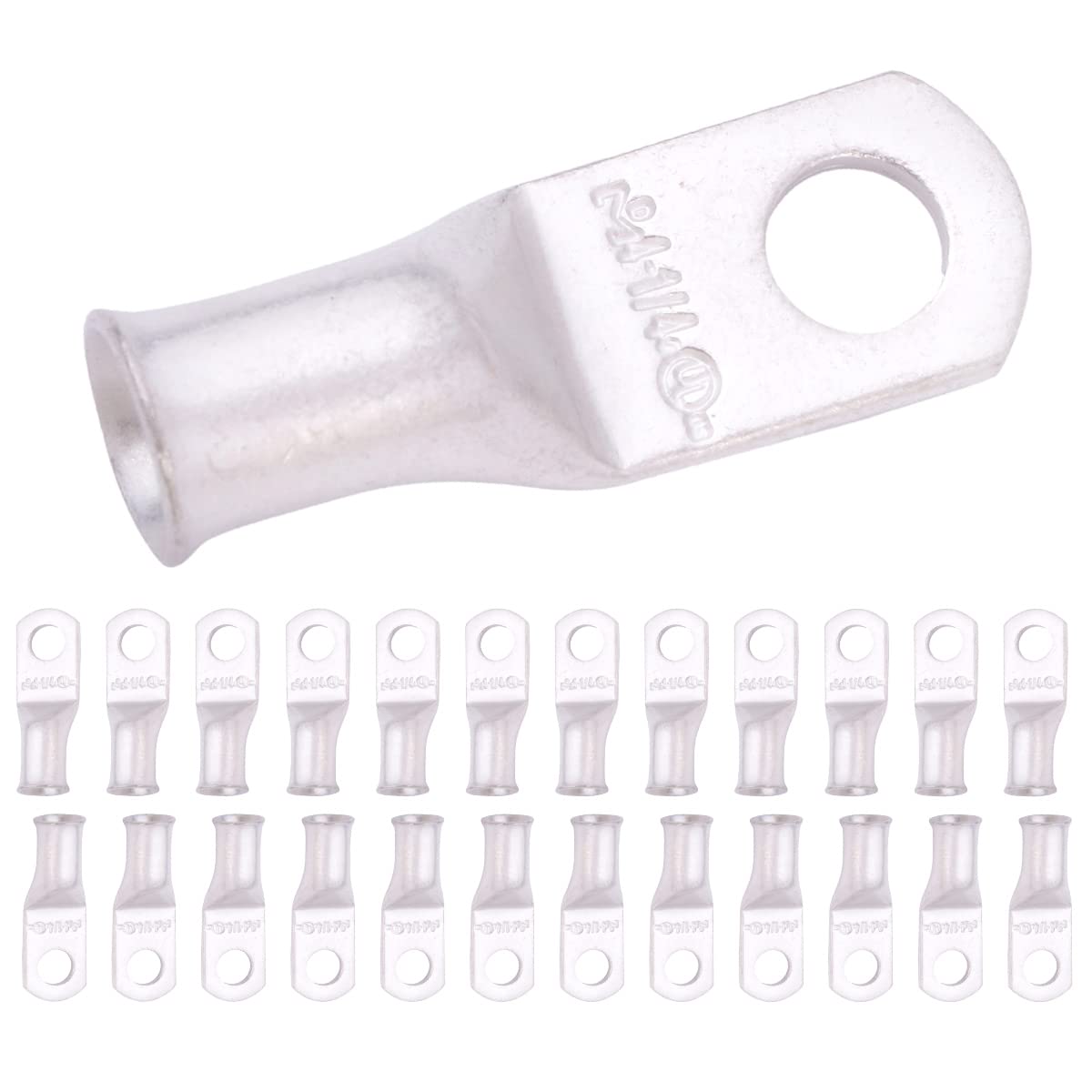 SELTERM 25pcs 4 AWG 1/4" Stud Marine Grade Tinned Copper Battery Cable Lugs, 4 Guage Ring Terminals, UL Wire Lugs Electrical Battery Cable Ends, Tinned Copper Lugs Battery Terminal Connectors