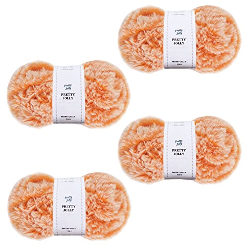 Pretty Jolly 4 Skeins Faux Fur Super Soft Chunky Fluffy Eyelash Polyester Yarn (Orange)