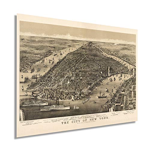 Historix Vintage 1886 Map of New York City Poster - 18x24 Inch NYC Vintage Map Wall Art - Panoramic Birds Eye View of New York City Map Art - New York City Map Print - NYC Vintage Poster (2 sizes)