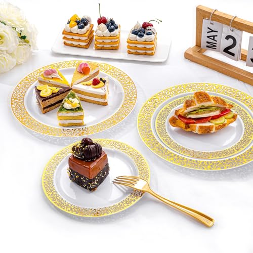 Image of I00000 200 Pcs White and Gold Plastic Plates, Disposable Plastic Plates for 100 Guests Include: 100 Pcs Dinner Plate 10.25 inch and 100 Pcs Dessert Plate 7.5 inch Perfect for Party and Wedding
