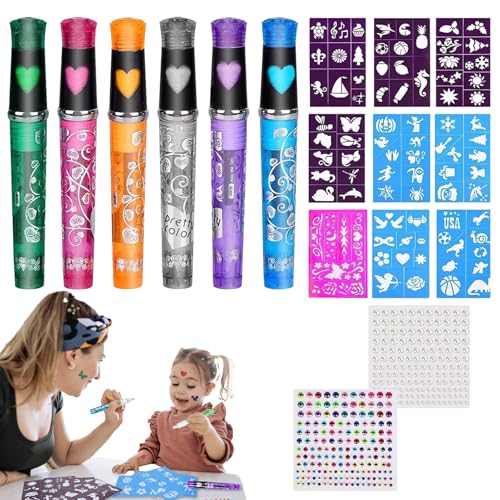 FacEpertamentos - Kit De Pintura De Caras | Facepaints Set Niños | Marcadores De Pintura-6 Palitos De Pintura Facial A Base De Agua Para Niños-lavable Y Seguro Para La Piel Sensible-9 Plantillas Y 2 C