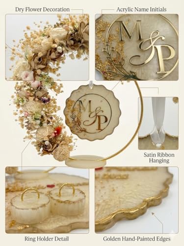 Image of THE BRIDE MADE Personalized Engagement Ring Platter with Name | Resin Ring Holder for Engagement | Custom Wedding Ring Plate with Dry Flowers & Gold Loop | Bride Groom Name Plate 10x10x10 inch