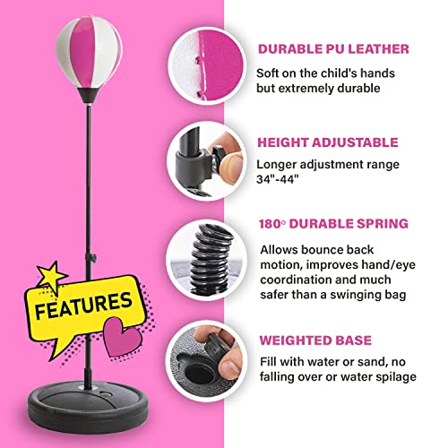 Whoobli Punching Bag For Kids Incl Boxing Gloves | 3-10 Years Old Adjustable Kids Punching Bag With Stand | Boxing Bag Set Toy For Boys & Girls (White Pink) #TOP3