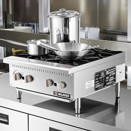 Image of WILPREP Commercial Countertop Gas Range, 4 Burner 100,000 BTU Stainless Steel Gas Cooktop, 24 inch NG /LPG Convertible with Durable Grates, Perfect for Professional Restaurant Kitchen & Catering