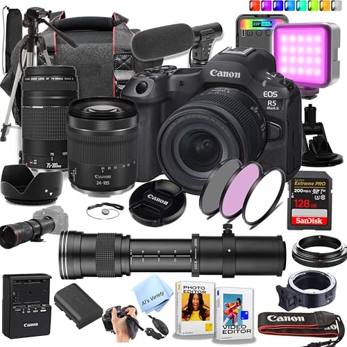 Canon EOS R5 Mark II Full-Frame Mirrorless Camera with 24-105mm & 75-300mm Lenses + 420-800mm Lens + 128GB Extreme Card + Case + Mic + RGB Light + Tripod + More (Content Creator Bundle) (Renewed)
